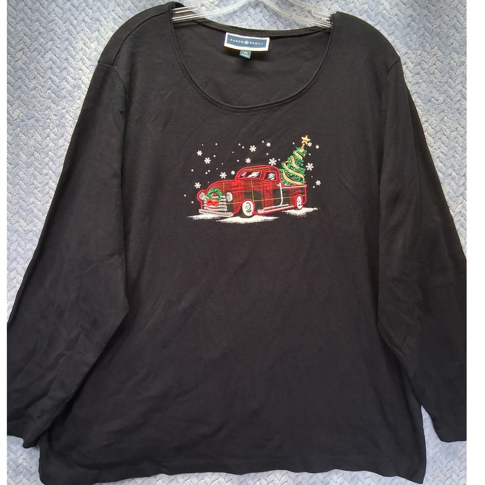 Karen Scott Womens 3X Black Christmas Truck Plaid Tree Rhinestone Top LS